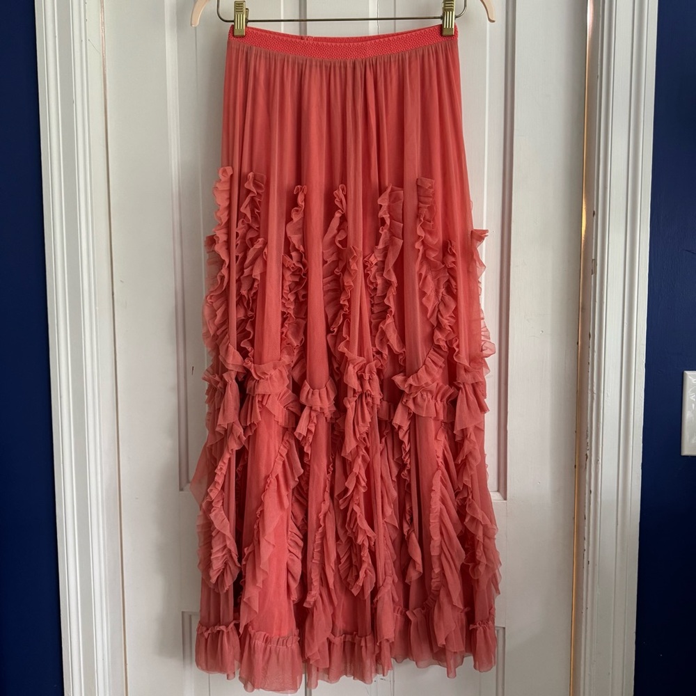 Anthro ruffle tulle & mesh midi skirt, gorgeous coral color, elastic waist, NWOT - Picture 5 of 13